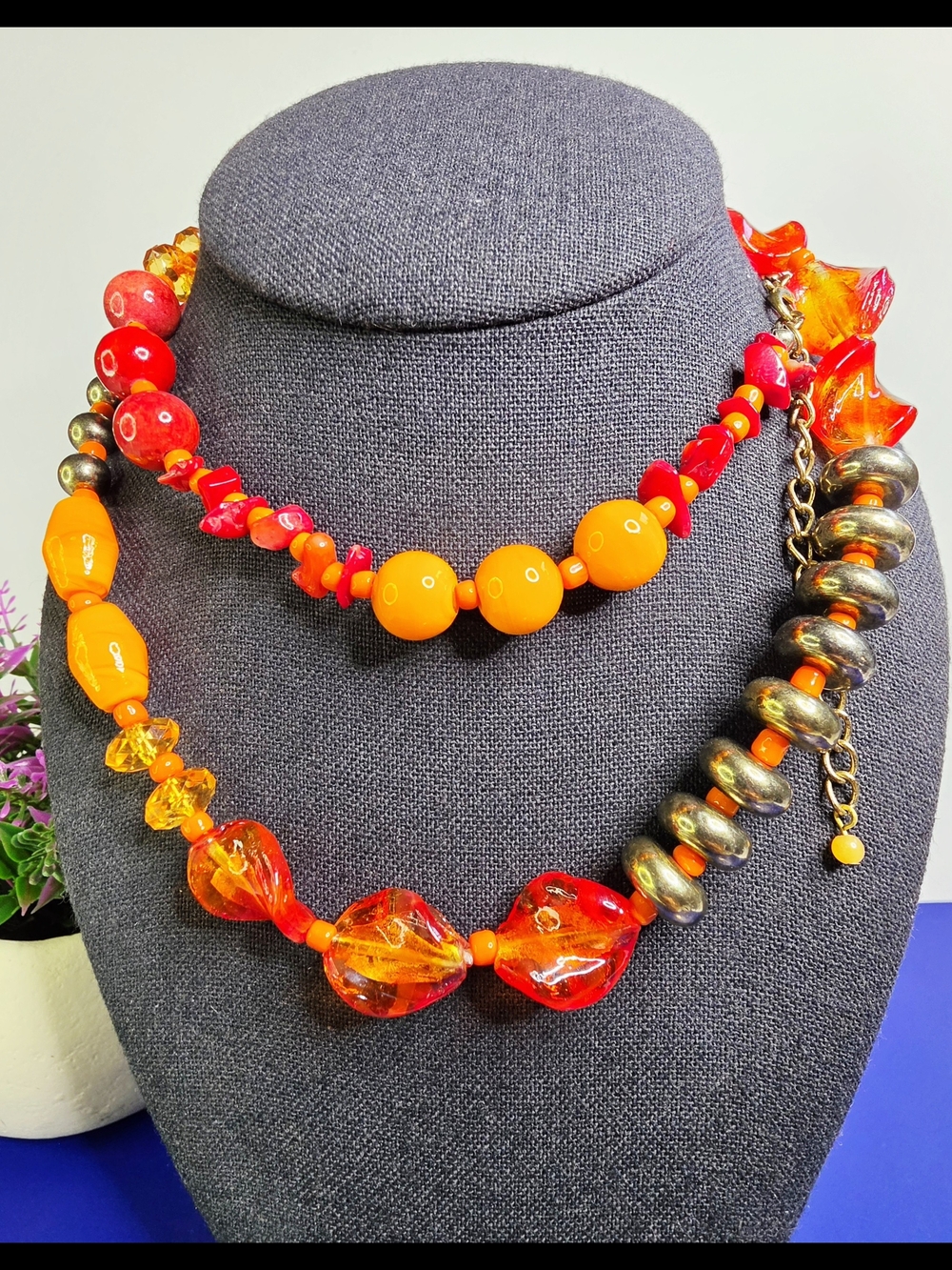 Vibrant Red & Orange Glass Bead Statement Necklace - Unbranded - Picture 1 of 7